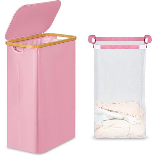 efluky Slim Laundry Basket with Lid, Narrow Laundry Hamper with Removable Bag, Skinny Dirty Clothes Basket with Bamboo Handles for Bathroom, Bedroom & Laundry Room, 65L Pink