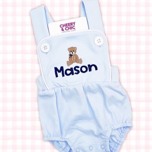 Newborn Baby Outfit | Little Boy Sunsuit | Custom Baby Shower Gift | Teddy Bear | Baby Boy Personalized Outfit | Blue Baby Gown Romper