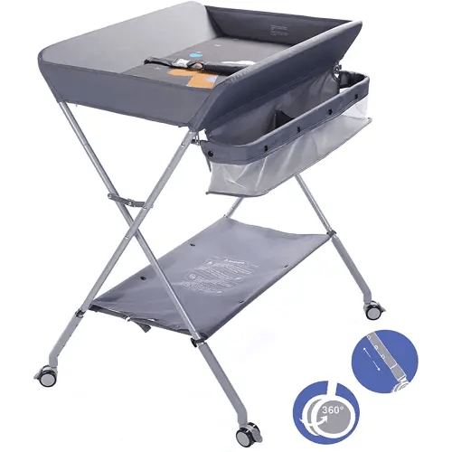 EGREE Baby Changing Table Portable Folding Diaper Changing Station with Wheels, Adjustable Height Mobile Nursery Organizer with Safety Belt and Large Storage Racks for Newborn Baby and Infant, Gray