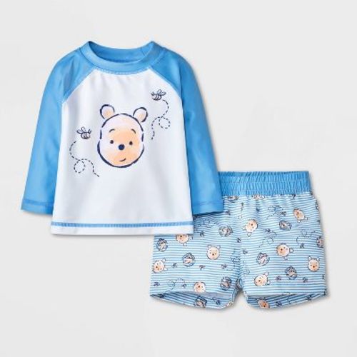 Baby Boys' 2pc Disney Winnie the Pooh Long Sleeve Rash Guard Trunk Set - Cream/Blue 9M