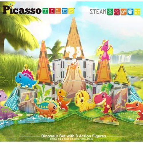 PICASSO-TILES Magnetic Tiles for Kids – Dinosaur Animals Theme 38PCS STEM Educational Building Blocks Magnet Toy Set for Boys Girls Toddlers