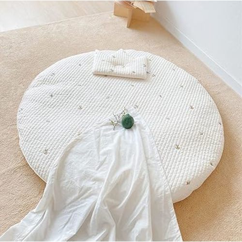 Baby Embroidered Play Mats, 33.5" Cotton Crawling Mat, Detachable Washable Floor Mat Soft Kids Room Decor Rug Gym Nursery Area Rug Playroom Mat Carpet for Infant Toddler, White Olives