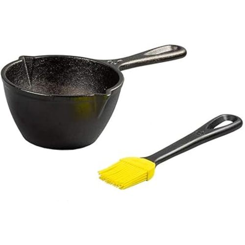 Lodge 15.2 Ounce Cast Iron Melting Pot + Silicone Basting Brush - Unparalleled Heat Retention - Heat Resistant Basting Brush up to 450° - Black and Yellow