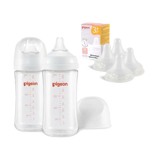 Pigeon Glass bottles 8.1 Oz(3+ months) 2 packs with Silicone Nipple(M)