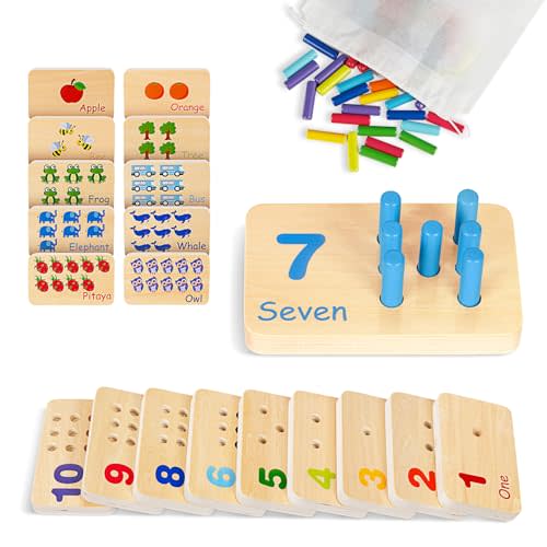 TOOKYLAND Peg Board Toddler Toys, Counting Wooden Toys with 55 Pegs, Wooden Math Manipulatives,Montessori Math and Numbers for kids & Kindergarten Learning Activities