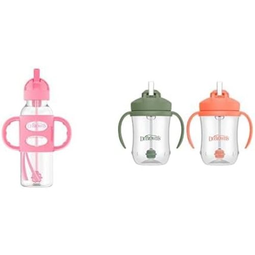 Dr. Brown's Milestones Narrow Sippy Straw Bottle, Spill-Proof 100% Silicone Handles and Weighted & Milestones, Baby's First Cup Straw, 6m+, 9oz/270ml, 2 Pack, Coral