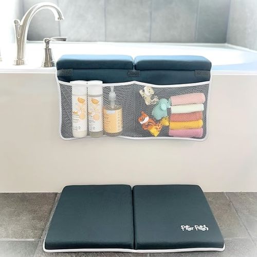Baby Bath Kneeler and Elbow Rest Pad Set Made of Neoprene & Foam - Non Slip Cushioned Bath Kneeling Pad for Bathing Baby with XL Compartments for Bath Toy Storage for Tub