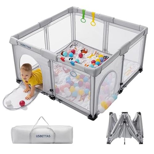 Foldable Baby Playpen, 1-Minute Setup, Lightweight Portable Playpen with Carry Bag, 50"x50" Indoor Outdoor Safty Play Yard for Babies & Toddlers,Light Gray