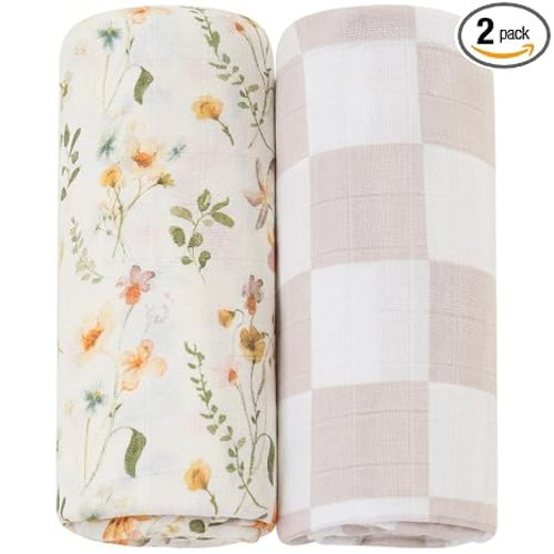 LifeTree Muslin Swaddle Blankets for Baby Girl, 2-Pack 70% Viscose from Bamboo and 30% Cotton Large Swaddle Blankets (47" x 47"), Floral & Dusty Pink Checkered