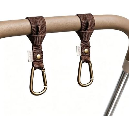 haakaa Baby Stroller Hooks for Bags丨Universal Stroller Straps and Hooks, Non-Slip with One-Hand Opening, Multipurpose Hooks for Diaper Bags, Backpacks, Bikes & Shopping Carts - Brown, 2 Pack