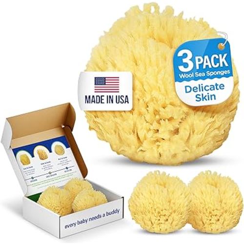 Baby Buddy Natural Bath Sponge, Ultra-Soft Sea Wool, Gentle on Baby's Skin, Hypoallergenic, Biodegradable, 3-Pack, 4in for Baby & Infant Bath Time