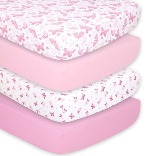 The Peanutshell Baby Girls' Nursery Bedding, 4 Pack Pink Butterfly Fitted Crib Sheets