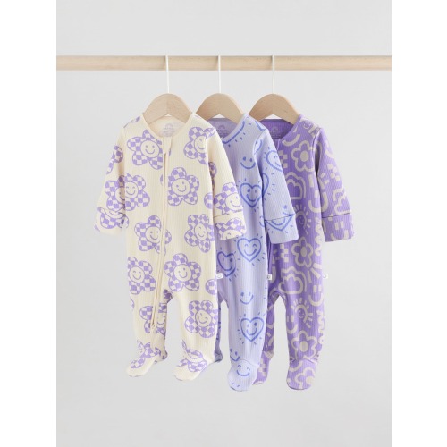 Lilac Purple Baby Two Way Zip Floral Print Sleepsuits 3 Pack (0mths-3yrs)