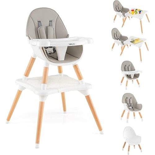 BABY JOY 6 in 1 High Chair, Convertible High Chairs for Babies and Toddlers/Booster Seat/Table and Chair Set, Infant Wooden Highchair w/ 5-Point Harness, 4-Position Removable Tray & PU Cushion (Gray)