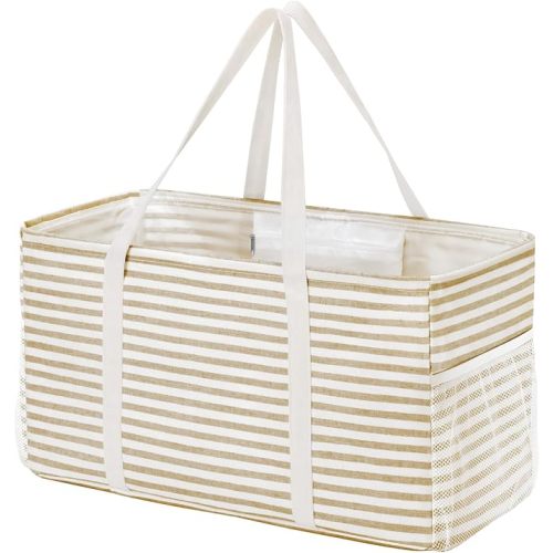 Lifewit Extra Large Tote Bag, Reusable Grocery Bags with Metal Wire Frame and Handles, Standing Utility Foldable Shopping Bags for Storage, Picnics, Beach, Laundry, Car, 46L, 1 Pack, Beige
