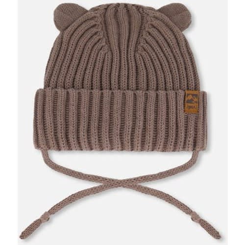 Baby Boy's Baby Knit Hat With Strings Taupe, 6-12 M