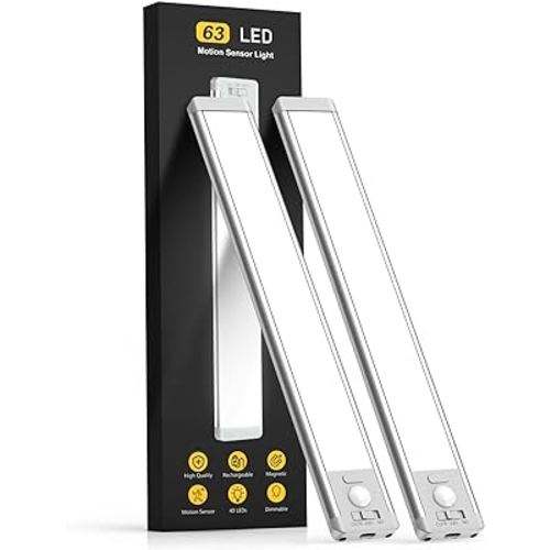 Under Cabinet Lights, 63 LED Rechargeable Battery Operated Motion Sensor Light Indoor, 2 Pack Magnetic Dimmable Closet Lights, Wireless Under Counter Lights for Kitchen, Stairs, Hallway (14.7inch)