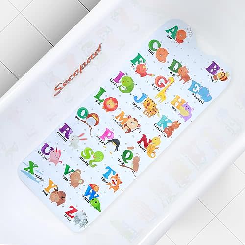 Cartoon Baby Bath Mat, Kids Bathtub Mat Non Slip for Toddler Bath Shower Anti Slip, 40In X 16In with Drain Holes and Suction Cups Machine Washable, Alphabet and Animals