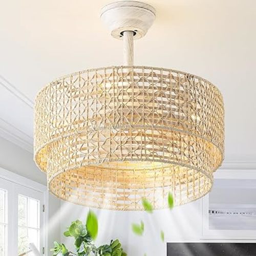 20" Boho Ceiling Fans with Lights, Rattan Fandelier Chandelier Ceiling Fan with Light Remote Control, Caged with 6 Speeds for Bedroom, Nursery