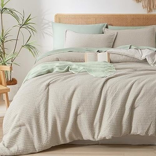 PHF Soft Waffle Comforter Set Twin Size- Comfy Breathable Waffle Weave Comforter with 1 Pillow Sham, 2 Pieces No Snagging Lightweight Bedding Set for All Season, Natural/Linen