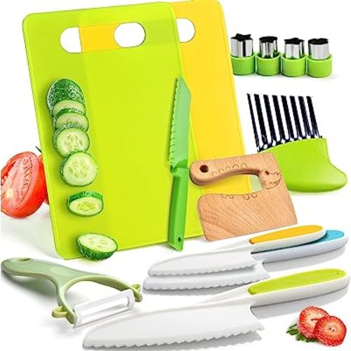 13 Pieces Montessori Kitchen Tools for Toddlers-Kids Cooking Sets Real-Toddler Toys Set for Real Cooking with Plastic Children Safe Knives Crinkle Cutter Kids Cutting Board