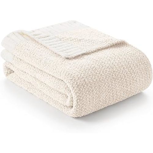 Snuggle Sac Heather Ivory Oversized Throw Blanket for Couch, Super Soft Warm Blankets Cozy Knit Fuzzy Lightweight Throw XL for Sofa, Bed, Heather Ivory, 50x 70 inches