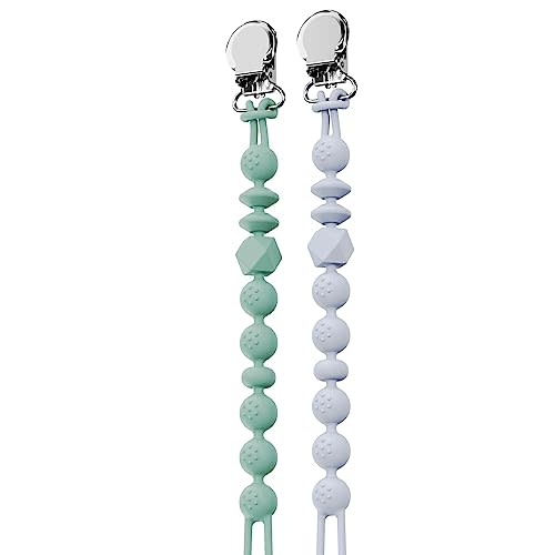 LcyKohn Silicone Pacifier Clip Holder, Binky Clips Holder Textured Silicon Teether Toys Teething Relief Pacifier Strap with Clip (Sage&Silver Gray) 2-Pack