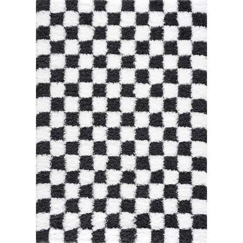 Atira Black and White Modern Checkered Shag - High Pile Fluffy Shaggy Carpet -Kids Room, Nursery, Living Room, Bedroom, Playroom, Dorm Room - White, Black - 4' x 6'
