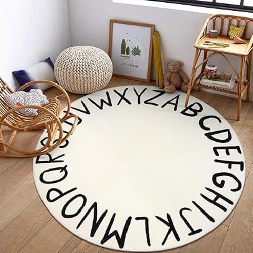 LIVEBOX Round ABC Play Room Rug for Kids, Alphabet Nursery Rug for Boys Girls, Circle Area Rug for Playroom, Machine Washable Rug Educational Crawling Mat for Children Classroom Toy Room(71",Black)