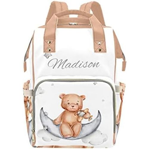 Teddy Bear Sits on Moon Personalized Name Diaper Bag Tote, Custom Waterproof Nursing Baby Bag Mummy Backpack for Mom Travel Outdoor 15'' X 10.83'' X 6.69''