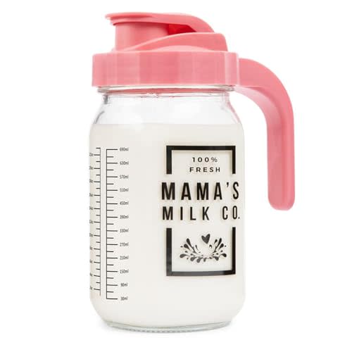 Breast Milk Pitcher (32oz) with Leak Proof Pop Top Lid - Easy Pour Mason Breastmilk Pitcher - Glass Breast Milk Pitcher for Fridge - Breast Milk Storage Containers for Fridge - Pitcher for Breastmilk