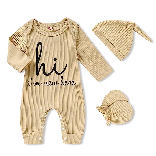 GRNSHTS Newborn Baby Boy Romper Coming Home Outfits Letter Print Bodysuit Jumpsuit+Hat+Gloves 3PCS Clothes Set