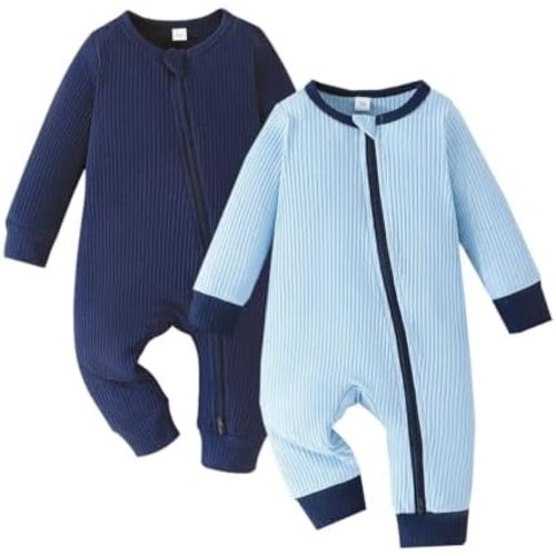 Bafeicao Unisex Baby Boy Girl 2 Pack Rompers Long Sleeve Two Way Zipper Romper One Piece Jumpsuits Clothes Sets