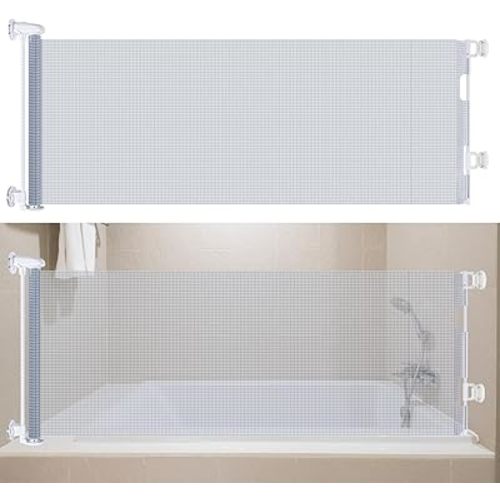 Bathtub Splash Guard for Tub Kids and Pets with Splash Strips, No Drilling 71" Wide Retractable Waterproof Shower Splash Guard for Bathtub, Space-Saving Bathtub Water Guards Retractable Gate, Clear
