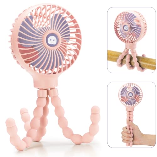 snawowo Mini Handheld Personal Portable Fan, Baby Stroller Fan, Car Seat Fan, USB or Battery Powered, with Flexible Tripod Clip on Student Bed Desk Bike Crib Treadmill Camping Traveling(Pink)