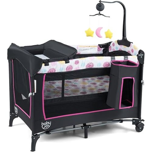 BABY JOY 4 in 1 Pink Pack and Play, Baby Bedside Sleeper with 3 Adjustable Heights, Music Box, Foldable Bedside Crib w/Changing Table, Baby Playards with Bassinet from Newborn to Toddlers Rose