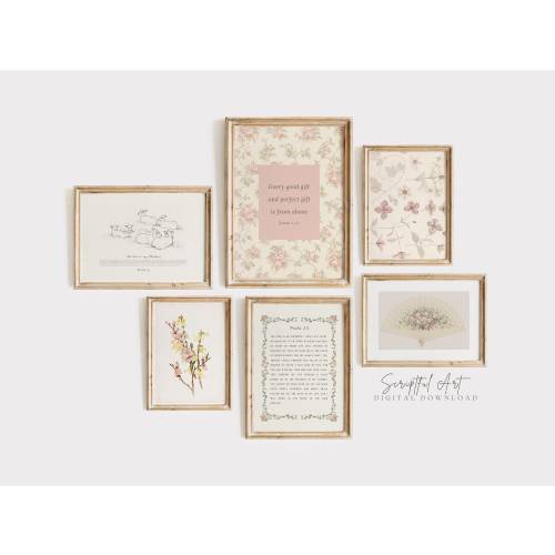 Soft Pink Christian Nursery Wall Decor Set of 6 Cute Vintage Cottagecore Soft Pink Bible Prints, Psalm 23, James 1:17, Digital Download