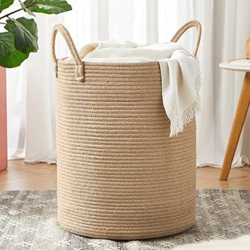 Jute Woven Hamper Laundry Basket Small Wicker Rope Clothes Hamper for Baby Nursery Kids Rattan Blanket Basket in Living Room Bedroom