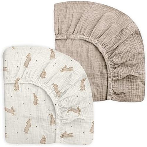 meowcards Pack and Play Sheets for Baby Boy and Girl 2 Pack, Neutral Muslin Cotton Pack N Play Mattresses Sheet 27"x39", Muslin Nursery Bedding Soft and Breathable Comfort(Hopping Bunnies & Beige)