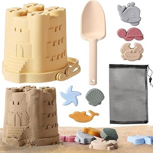 Hungdao 9 Pcs Silicone Beach Toys Include Sand Beach Molds Set Sand Bucket Shovel 6 Sand Molds Travel Beach Bag Baby Bath Water Play Toys for Kids Toddlers Summer Beach Pool