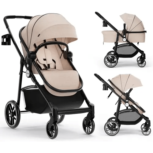INFANS 2 in 1 Baby Stroller, High Landscape Infant Stroller & Reversible Bassinet Pram, Foldable Pushchair with Adjustable Canopy, Cup Holder, Storage Basket, Suspension Wheels (Khaki)
