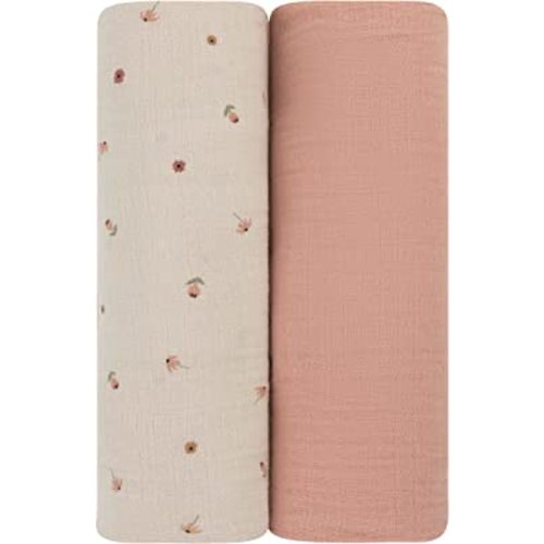 Ely's & Co. Muslin Swaddle Blanket 2-Pack — 100% Cotton Muslin Extra-Large Swaddle Blankets (47” x 47”) Solid + Printed (Pink Garden Flower)