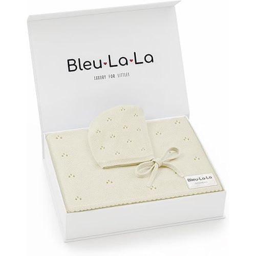 Organic Baby Blanket + Hat Gift Set - 100% Soft Luxury Cotton Unisex Receiving Swaddle Blanket + Bonnett Registry for Newborns & Infants (Butter Cream + Hat)