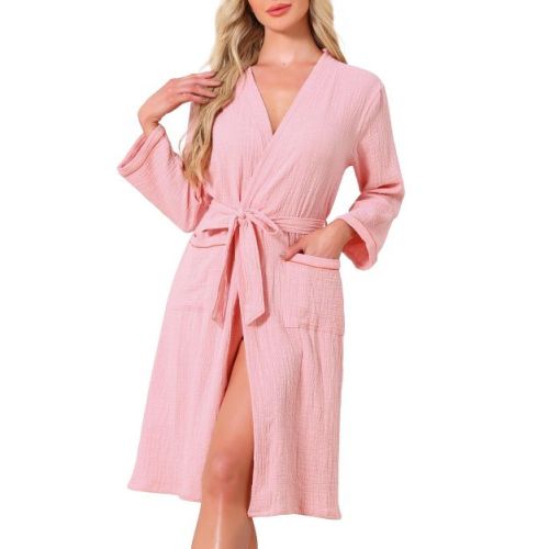 INSPIRE CHIC Women's 100% Cotton Soft Robe Long Sleeve V-Neck Loungewear with Pockets Bathrobe Large Pink