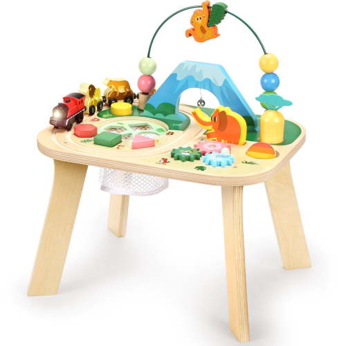 OATHX Toddler Activity Table Train Track Wooden Montessori Learn Toys Kids Sensory Table for 1 Year
