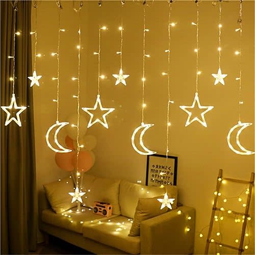 LED Fairy Lights,Moon Lights with Star String Light,LED Curtain Lights,8 Modes Waterproof String Lights for Window,Fireplace,Garden,Patio Eid Decoration,Christmas Star Window Lights