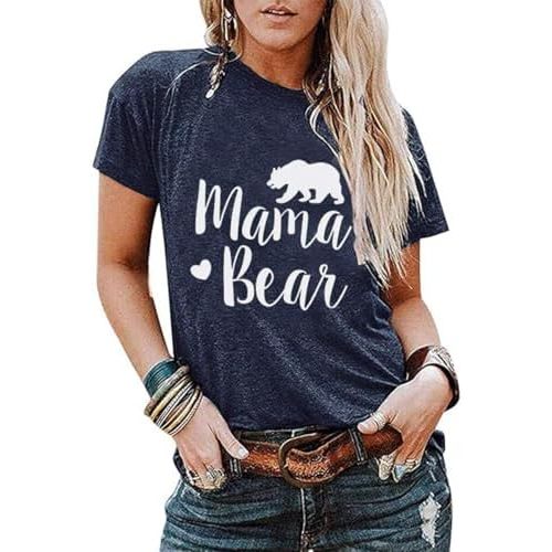 Mama Tee Shirt Women Crew Neck Funny Letters Print Graphic Tees Summer Casual Loose Tops