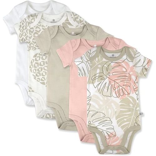 HonestBaby baby-girls 5-pack Short Sleeve Bodysuits One-piece 100% Organic Cotton for Infant Baby Girls