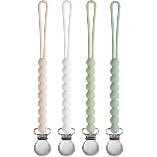 Pacifier Clip for Boys Girls - MORIBOX 4 Pack Paci Clip Soothie Baby Binky Holder for Shower Gift Birthday (Beige+White+Lgreen+Sage)