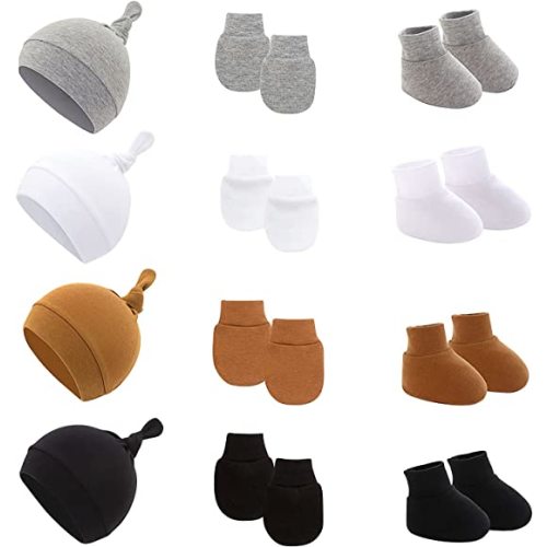 ROUDJER Cotton Baby Hats with Mittens Socks, Winter Warm Breathable Soft Newborn Hospital Hats Set for 3-12 Month Boys and Girls (4-Sets)